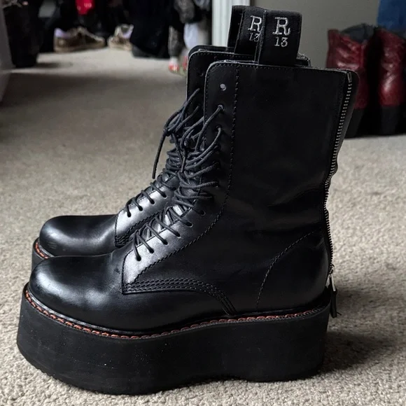 R13 Black Leather Lace-Up Boots - Picture 2 of 5